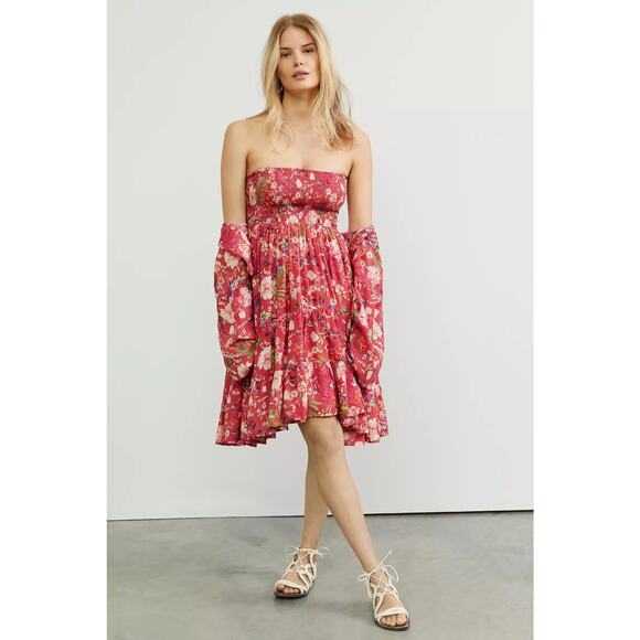 New Anthropologie Smocked Floral Midi Skirt & Tie Front Top Set $148 MEDIUM Red - Picture 4 of 4